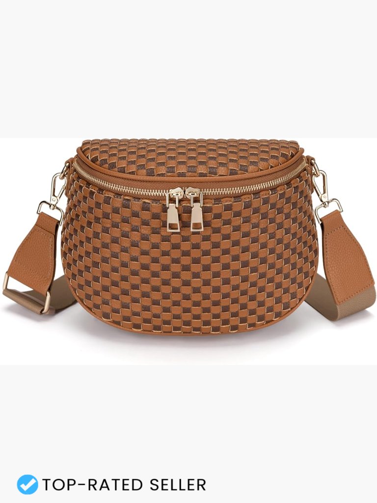 Woven Crossbody Bag For Women Checkered Leather Bum Bag With Zipper Adjustable